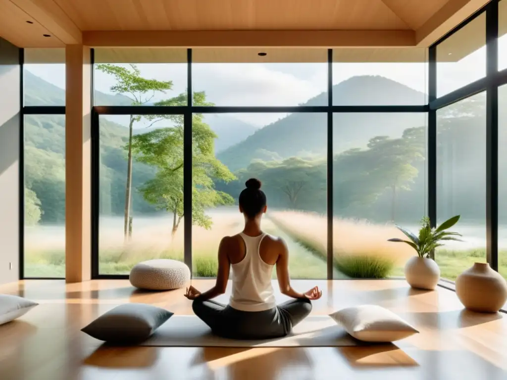 Persona practicando técnicas de respiración profunda para estrés en sala de meditación con vista a la naturaleza