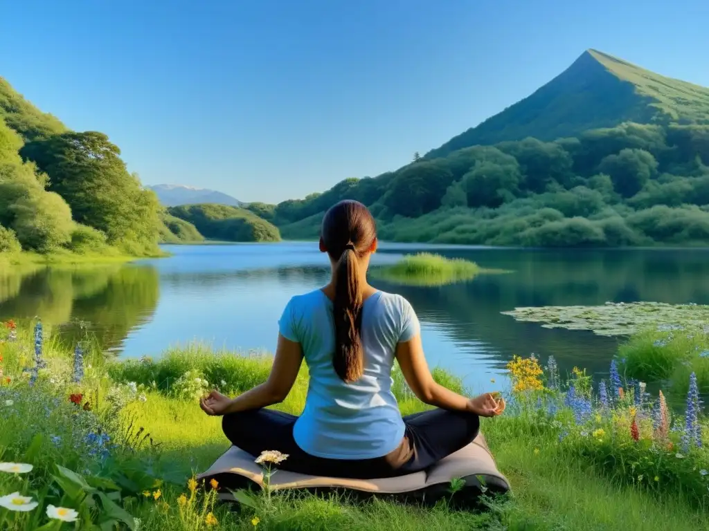 Persona practicando técnicas de respiración profunda para mejorar la capacidad pulmonar en un entorno natural tranquilo y sereno, con un lago y cielo azul de fondo