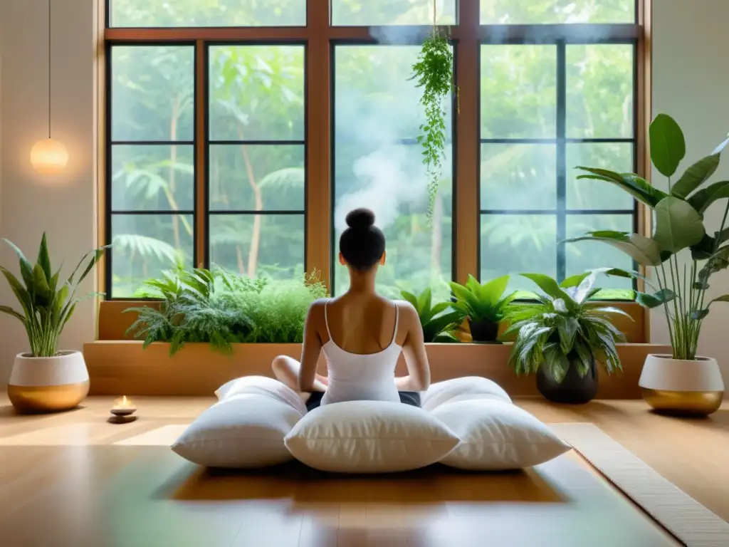 Persona practicando técnicas de respiración profunda en un tranquilo espacio de meditación con iluminación natural