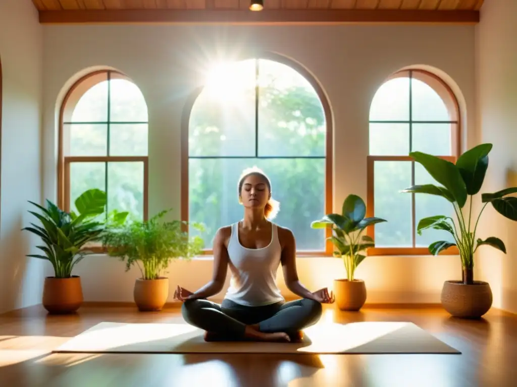 Persona practicando técnicas de respiración en meditación trascendental en un ambiente sereno con luz natural y plantas