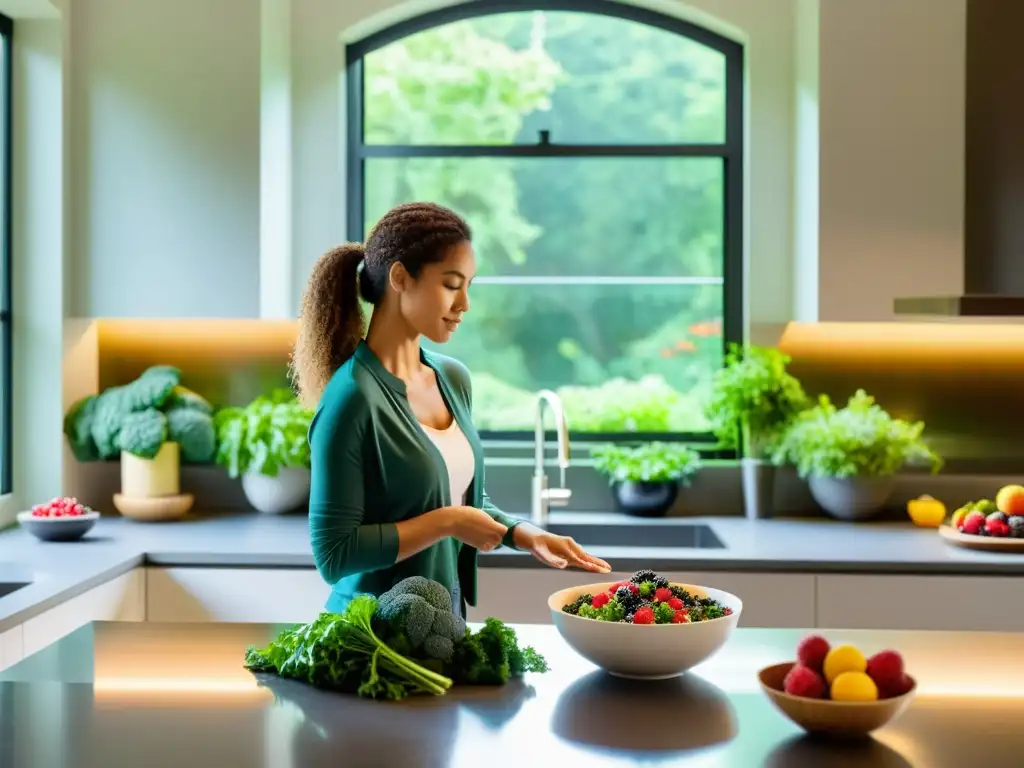 Persona practicando técnicas respiratorias para bienestar en cocina moderna, con vista a jardín exuberante y alimentos saludables