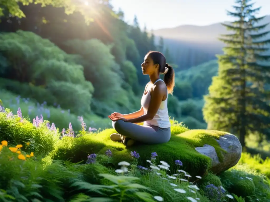 Persona practicando técnicas respiratorias para bienestar en un entorno natural sereno, rodeada de vegetación exuberante y flores vibrantes, creando una atmósfera tranquila y conectada con la naturaleza