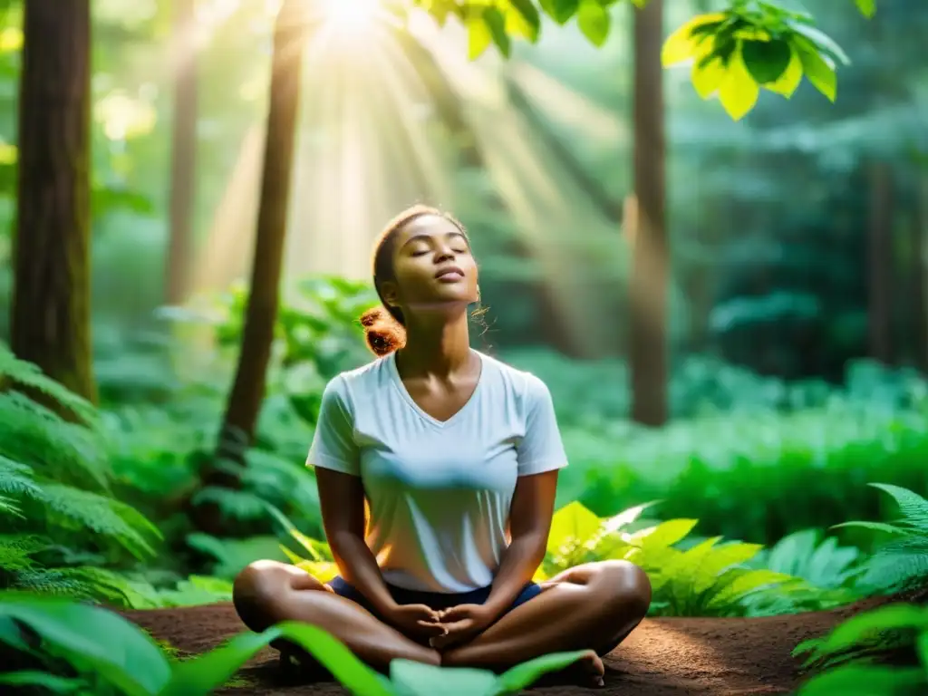 Persona practicando técnicas respiratorias integrativas para sanar en un bosque tranquilo y exuberante, disfrutando de la calma y la serenidad