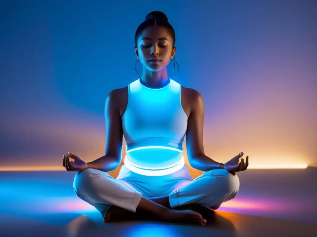 Persona en meditación con tecnología futurista que controla ansiedad con biofeedback respiratorio