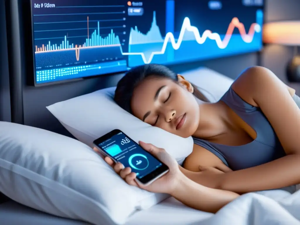 Persona durmiendo con tecnología de monitoreo de sueño digital y datos de apnea del sueño