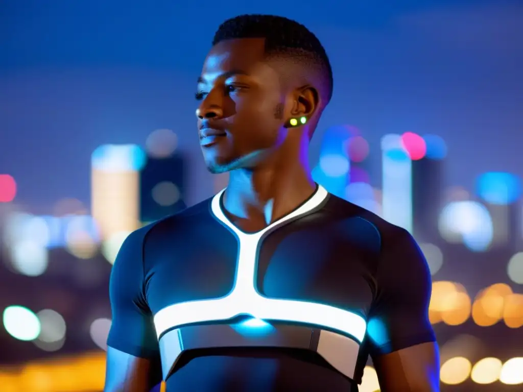 Persona con tecnología wearable para la respiración integrada en su ropa, en una ciudad futurista