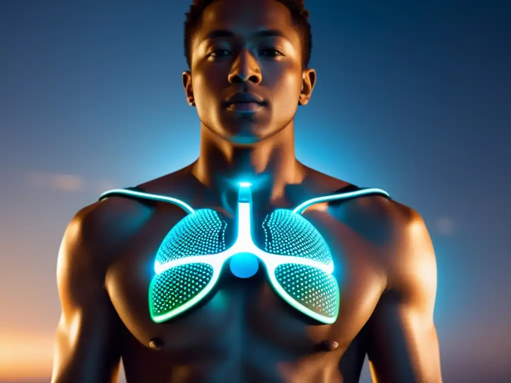 Persona usando tecnología wearable para la respiración con diseño futurista y datos respiratorios en tiempo real, en un entorno tecnológico moderno