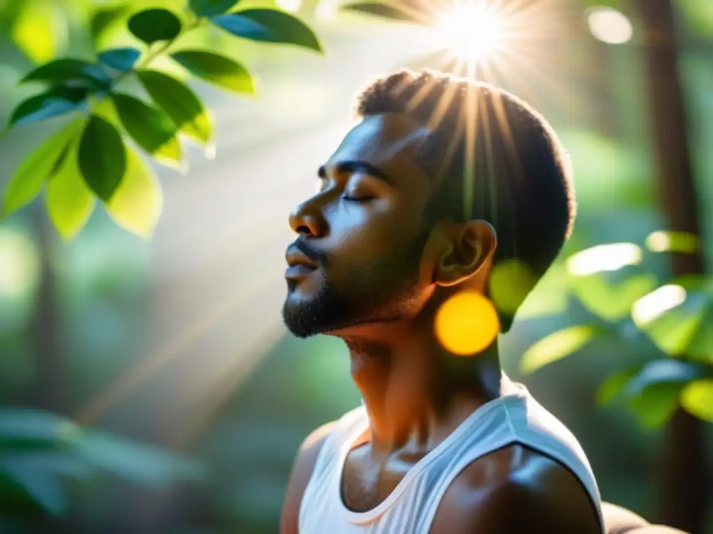 Una persona practica respiración terapéutica en un entorno natural, emanando tranquilidad y bienestar