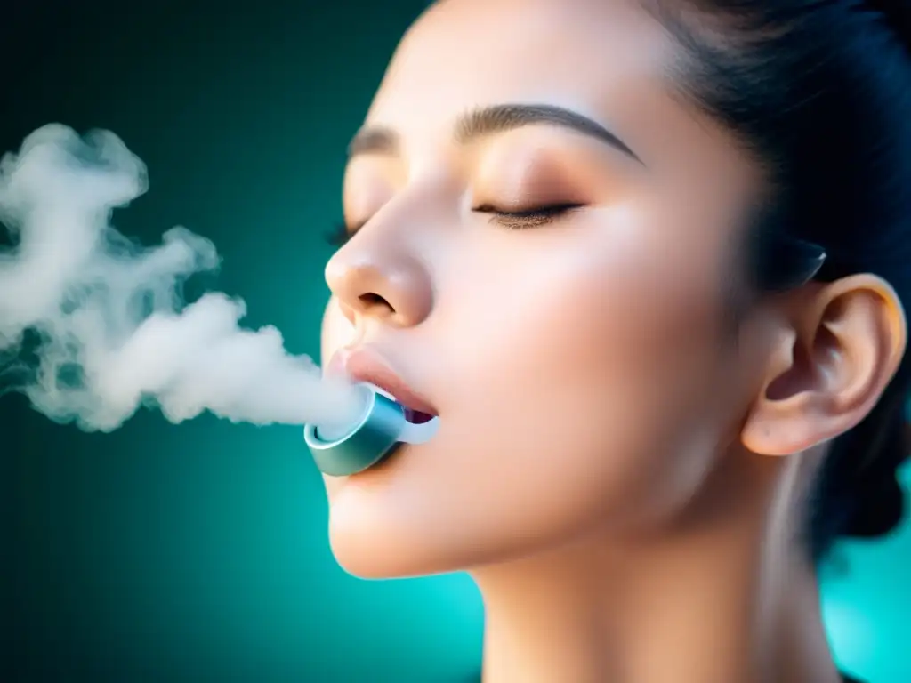 Persona disfrutando de terapia de inhalación para enfermedades pulmonares, con dispositivo moderno emitiendo vapor reconfortante