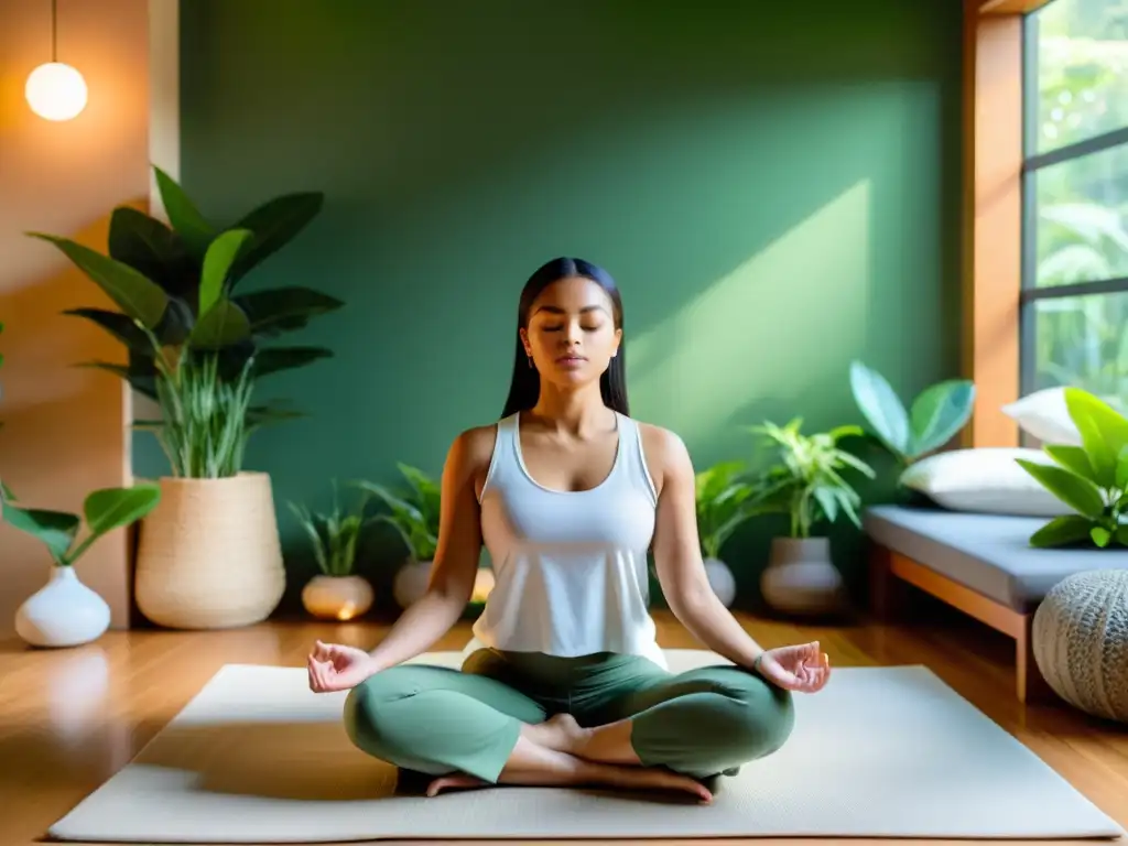 Persona practicando terapia de respiración para ansiedad preoperatoria en una sala de meditación serena con iluminación suave y plantas exuberantes