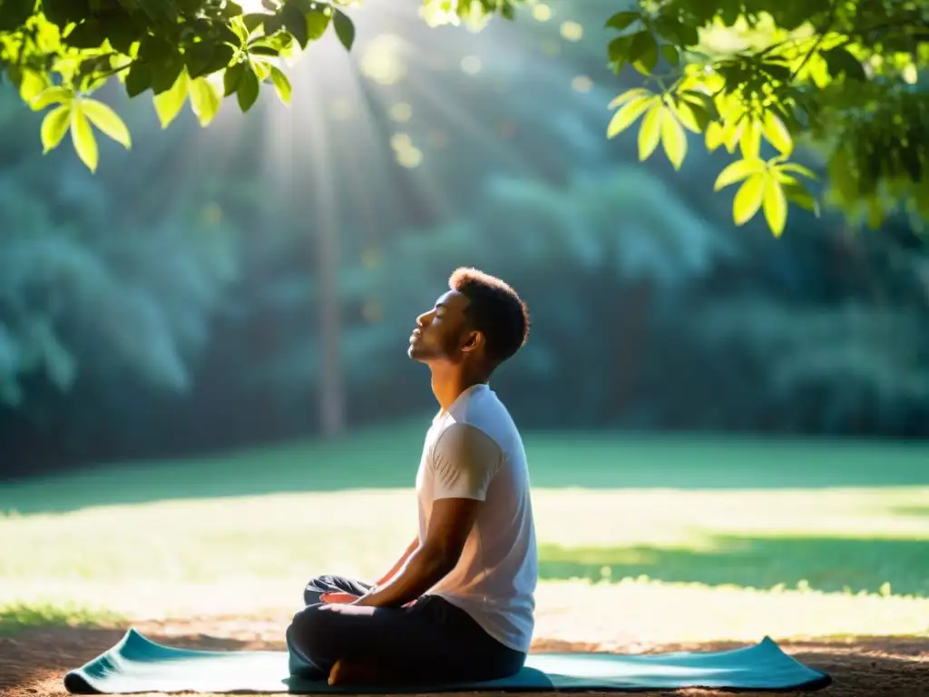 Una persona practica terapia de respiración en un entorno natural sereno, iluminado por el sol, rodeado de vegetación exuberante y flores silvestres