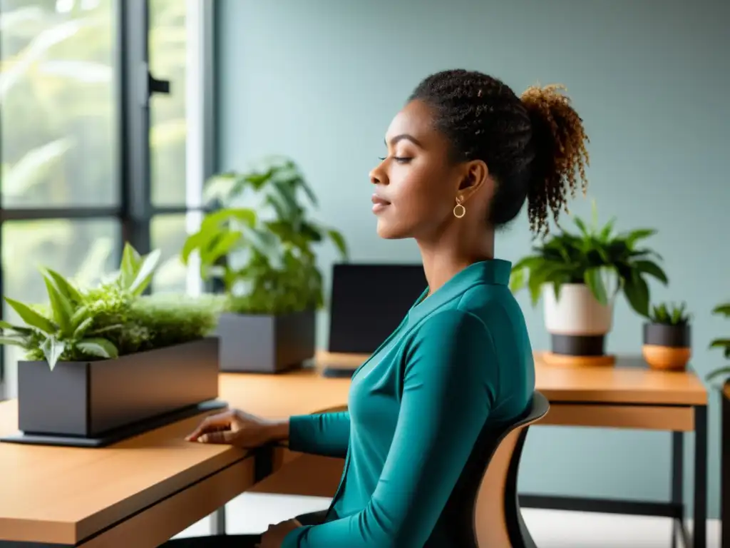 Persona en estación de trabajo ergonómica, respirando profundamente rodeada de plantas y luz natural, integrando ergonomía y bienestar respiratorio