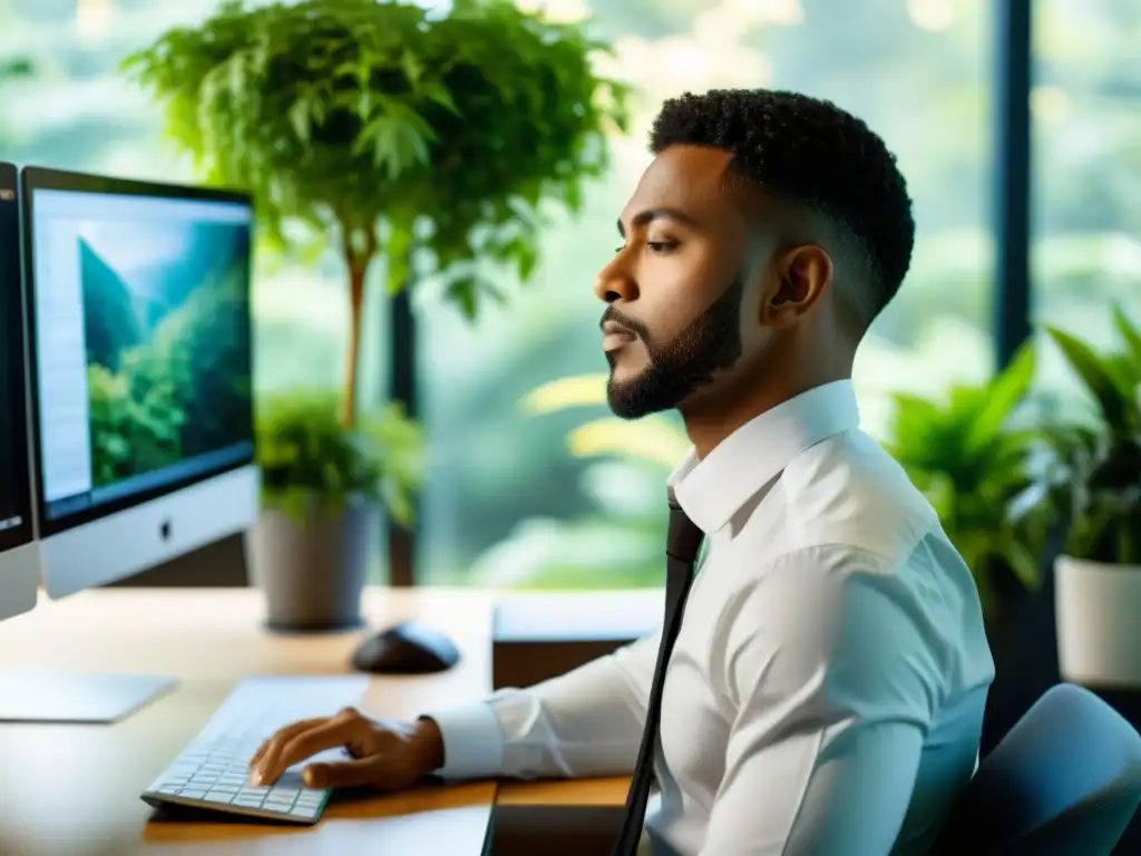 Persona en estación de trabajo ergonómica respirando profundamente, rodeada de plantas