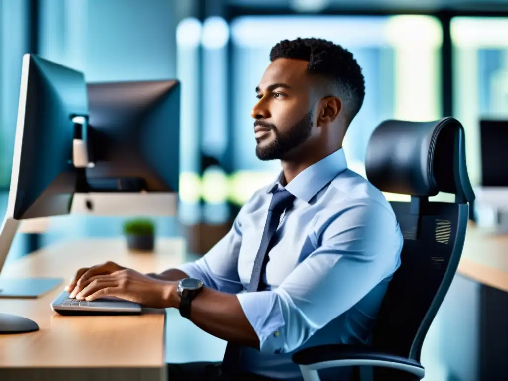 Una persona tranquila y eficiente en un entorno de oficina moderno, destacando la importancia de la optimización de la respiración laboral