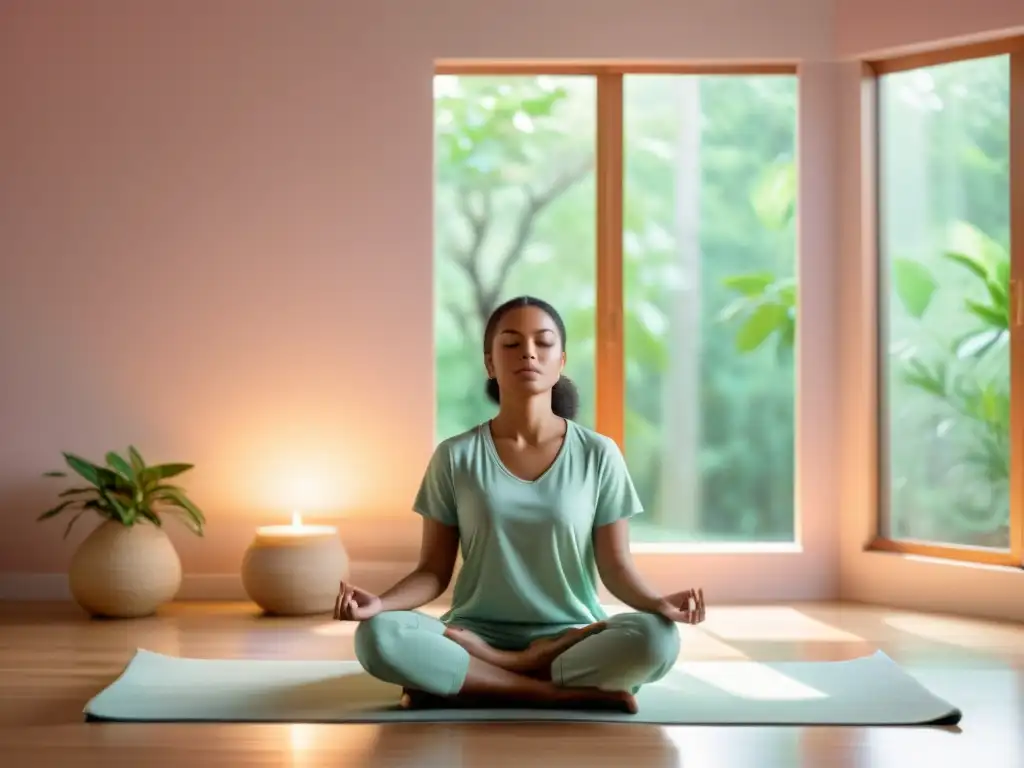 Persona en meditación, emanando tranquilidad en una habitación luminosa con grandes ventanas