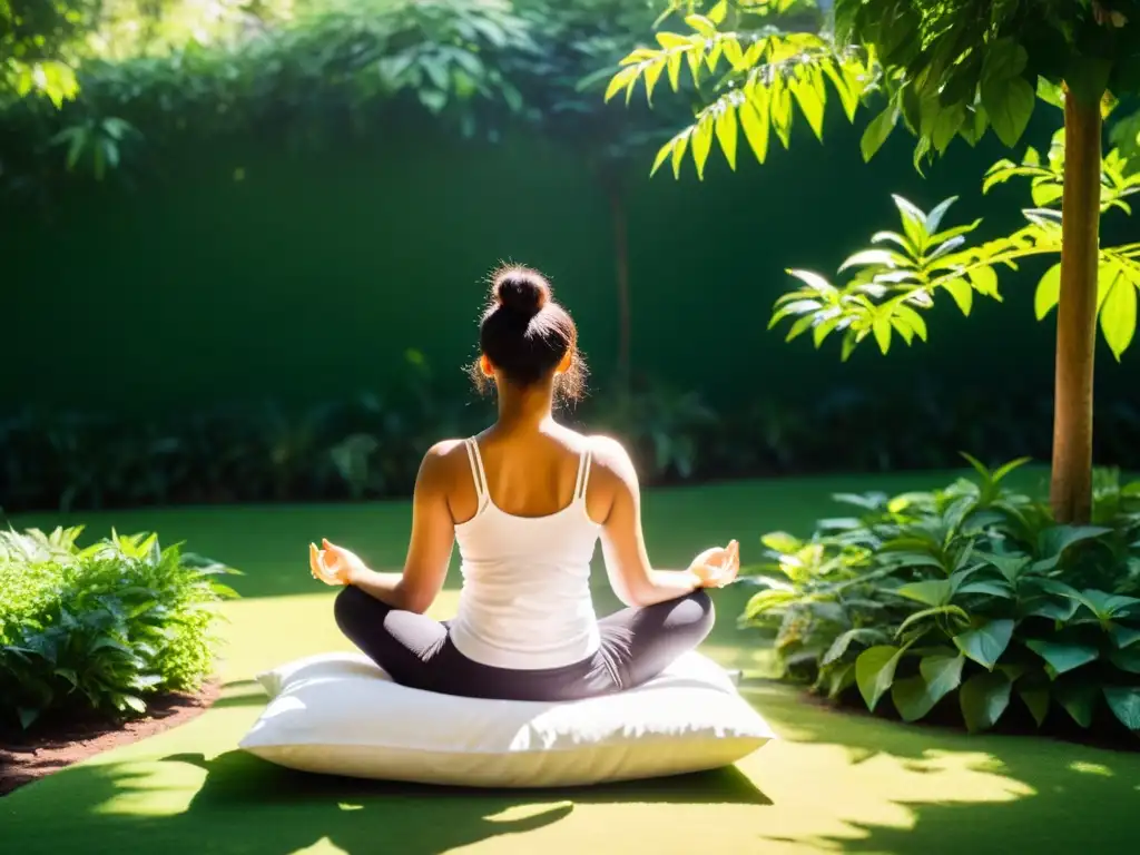 Una persona medita en un jardín tranquilo, rodeada de exuberante vegetación