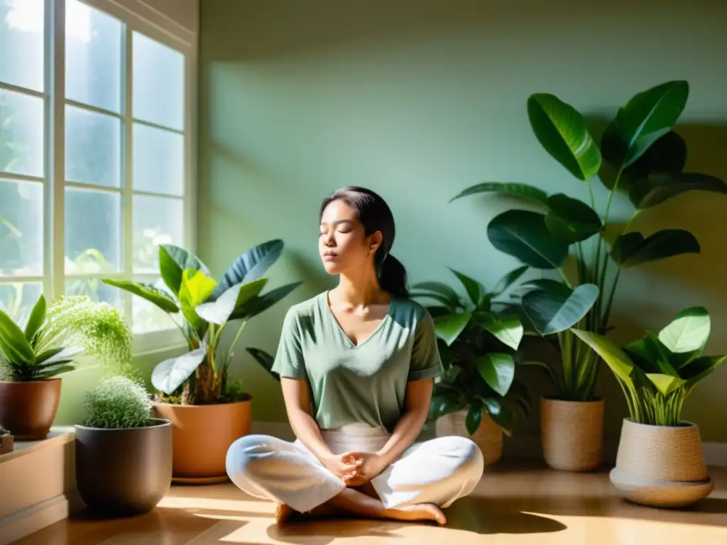 Una persona en meditación trascendental, sentada en calma en una habitación serena llena de plantas, con luz suave filtrándose por las ventanas