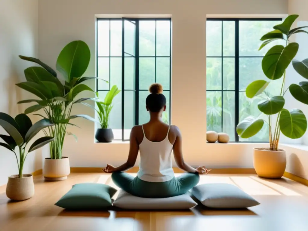 Persona practicando sanando traumas respiración consciente en una sala de terapia serena y moderna con luz natural y plantas exuberantes