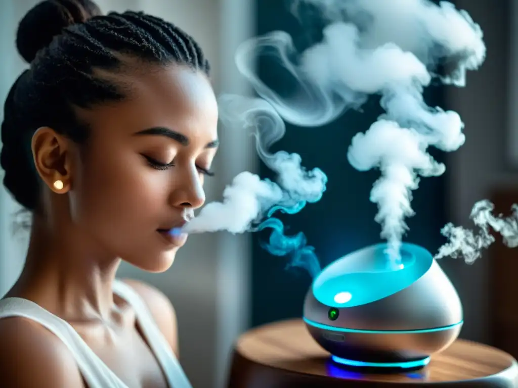 Una persona inhala vapor aromático de un elegante difusor, creando una atmósfera relajante