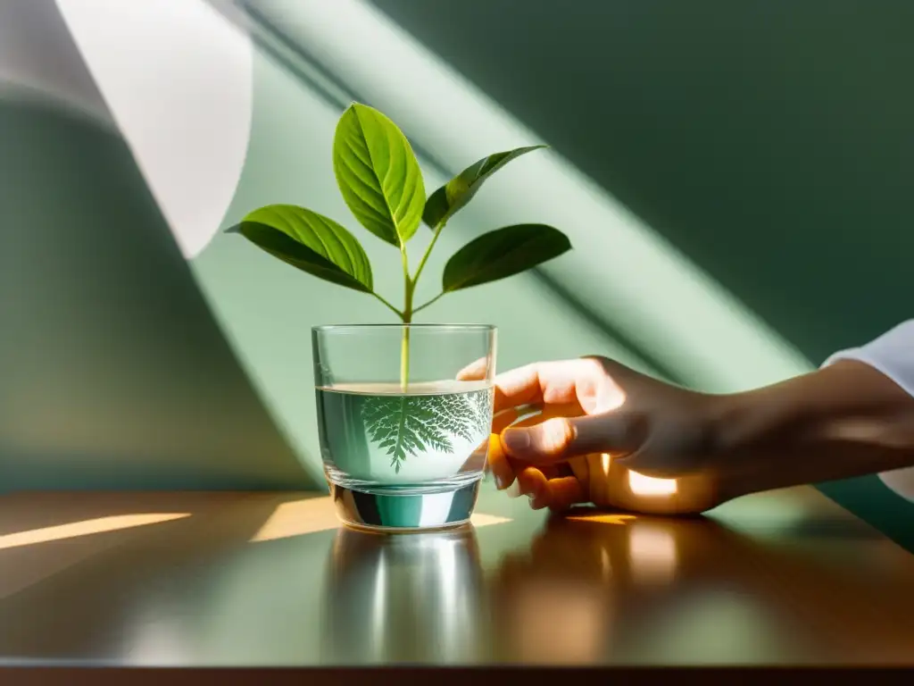 Una persona sostiene un vaso de agua mientras los rayos de sol crean un patrón de luz y sombra en la mesa