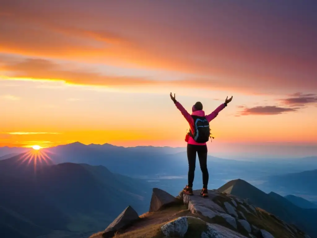 Persona victoriosa en la cima de la montaña, liberada del humo, con brazos abiertos ante el sol