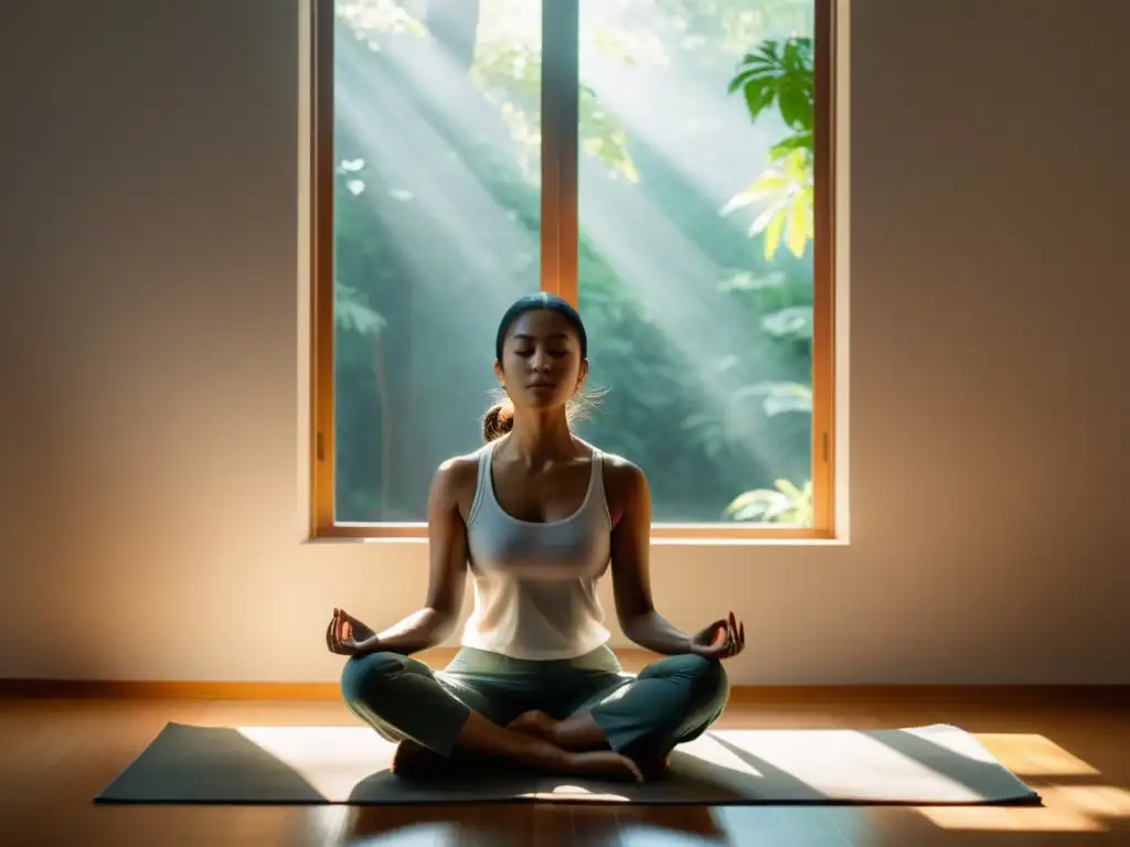 Persona en meditación Vipassana, iluminada por luz natural