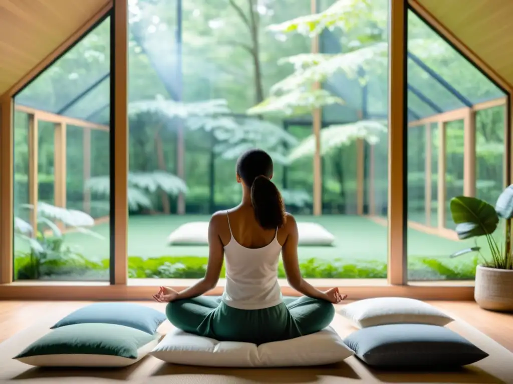 Persona en meditación Vipassana, rodeada de tranquilidad en una habitación moderna con vista al bosque