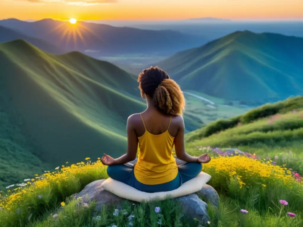 Persona en meditación Vipassana, disfrutando la serenidad de la naturaleza mientras el sol se pone detrás