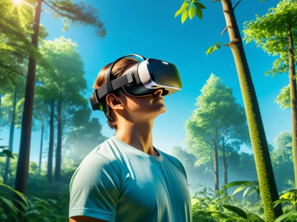 Persona en bosque virtual, respirando profundo, disfrutando beneficios respiración realidad virtual