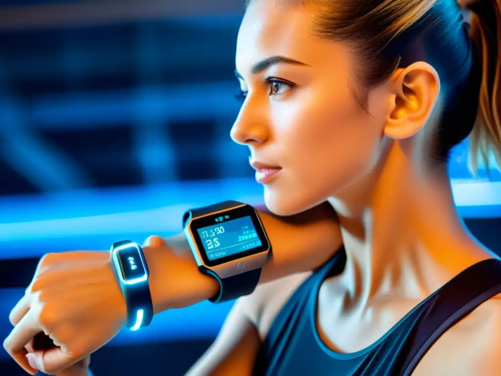 Persona usando wearable futurista en el gimnasio, monitoreando datos de respiración