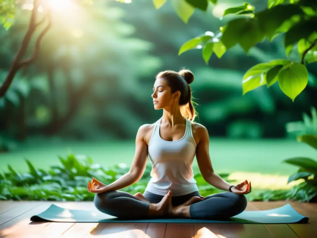 Una persona practicando yoga al aire libre, respirando profundamente en medio de la naturaleza