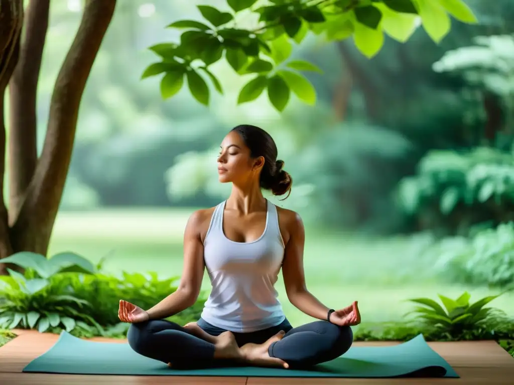 Persona practicando yoga al aire libre entre exuberante vegetación, reflejando armonía y bienestar