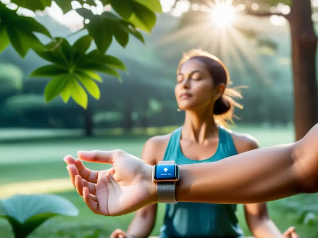 Persona practicando yoga al aire libre con un wearable especializado en respiración para yoga, en un entorno natural sereno y armonioso