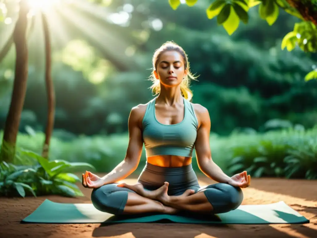 Persona practicando yoga al aire libre, rodeada de exuberante vegetación, en perfecta armonía con la naturaleza