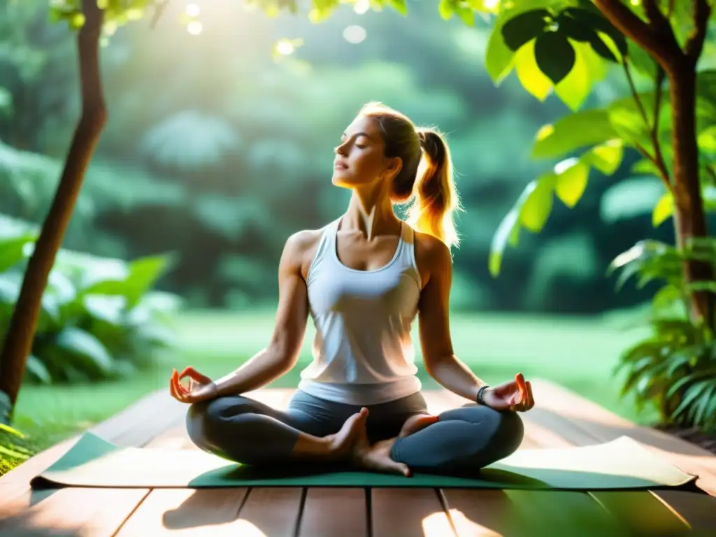 Persona practicando yoga al aire libre entre exuberante vegetación, con luz solar filtrándose a través de las hojas