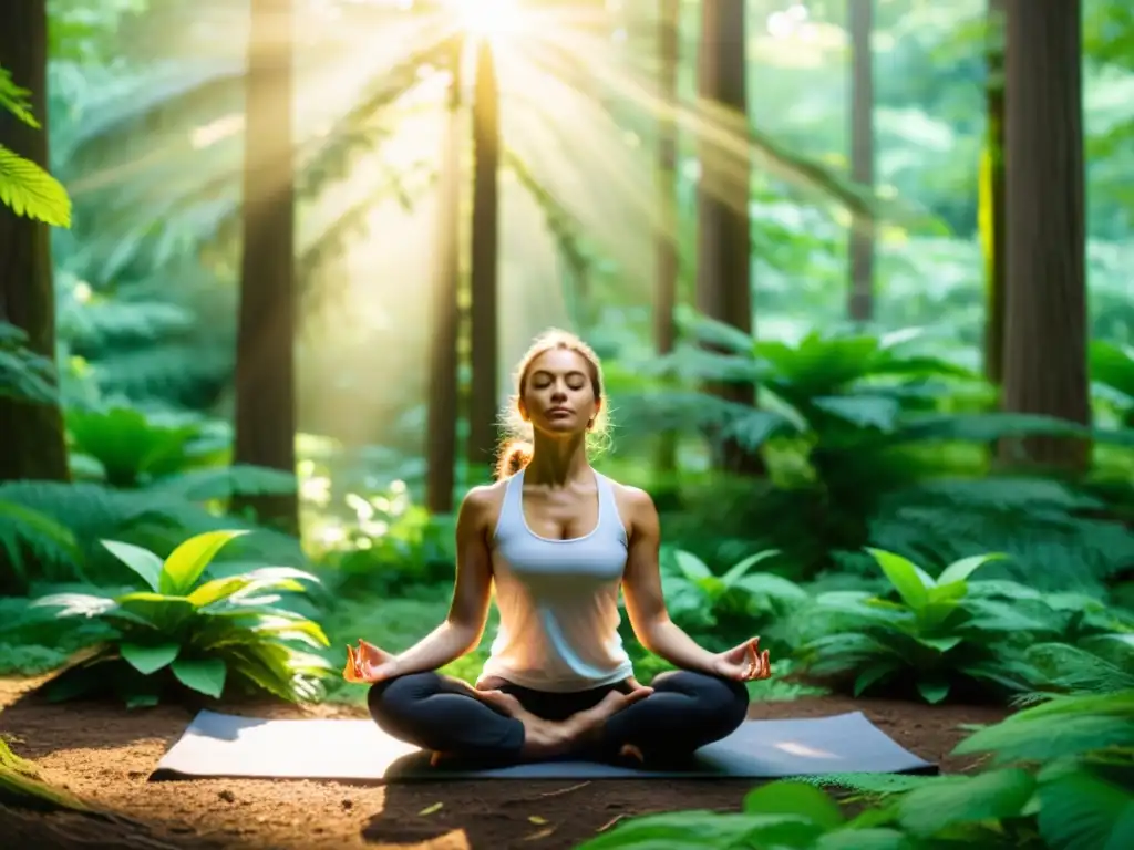 Persona practicando yoga en un bosque exuberante, respirando con calma