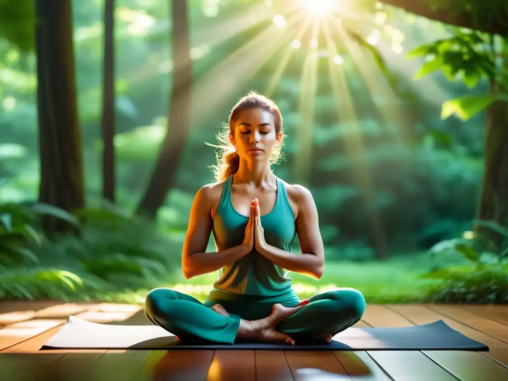 Persona practicando yoga en un bosque sereno, con técnicas respiración yóguica para dolor