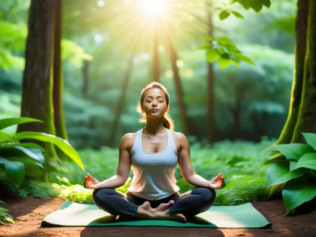 'Persona practicando yoga en un bosque sereno y exuberante, rodeada de vegetación vibrante y árboles altos