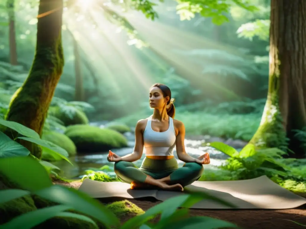 Persona practicando yoga en un bosque verde y sereno, rodeada de árboles altos y un arroyo, con luz solar filtrándose entre las hojas