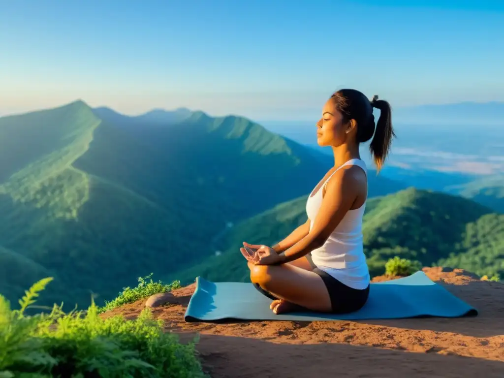 Una persona practicando yoga en la cima de una montaña, rodeada de exuberante vegetación y un cielo azul claro