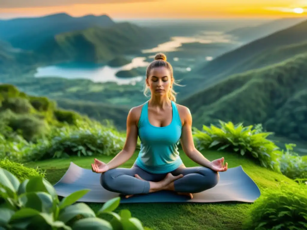 Persona practicando yoga en la cima de una montaña serena al atardecer, rodeada de exuberante vegetación, en profunda concentración