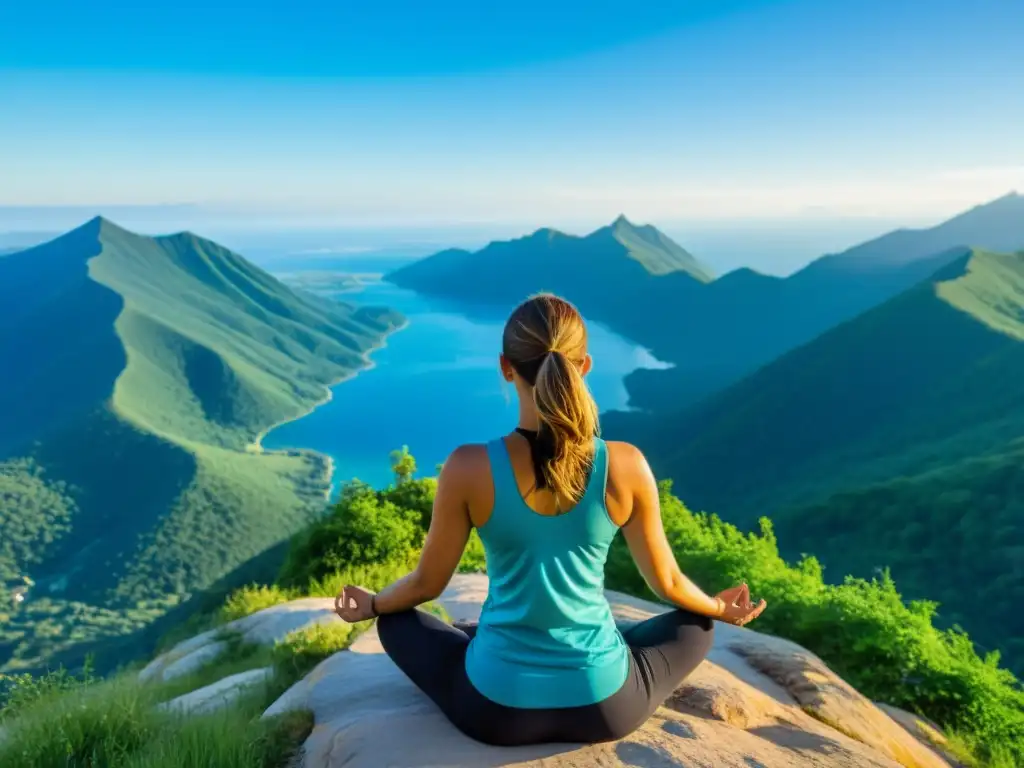 Una persona practicando yoga en la cima de una montaña, rodeada de exuberante vegetación y cielos azules claros