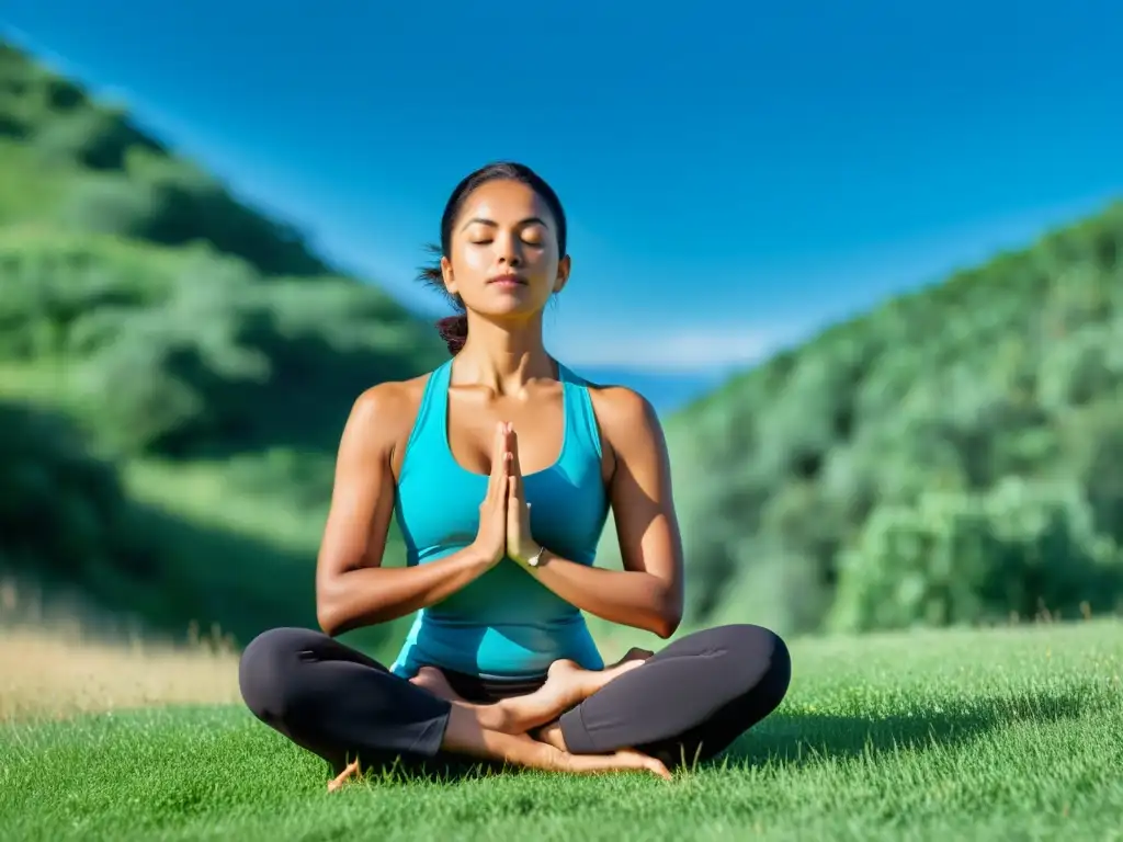 Persona practicando yoga en una colina, rodeada de naturaleza, transmitiendo conciencia ambiental para prevenir crisis respiratorias