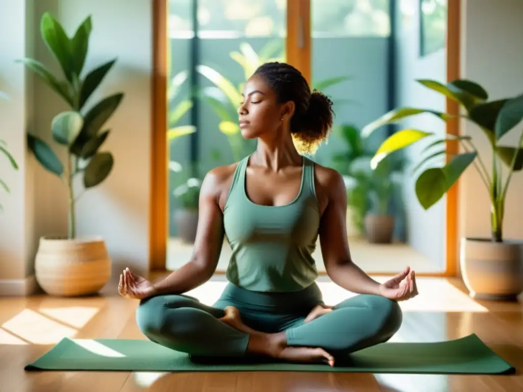 Persona en yoga practicando ejercicios respiratorios para recuperación de neumonía en una habitación serena y soleada con plantas verdes