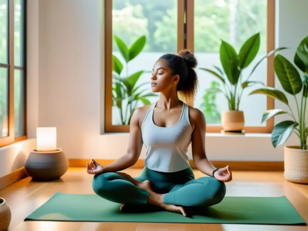 Persona en yoga practica ejercicios respiratorios para ansiedad en habitación serena con plantas y luz natural