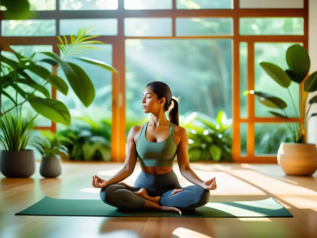 Persona practicando yoga en un estudio sereno, rodeada de plantas verdes, con una postura tranquila y relajada