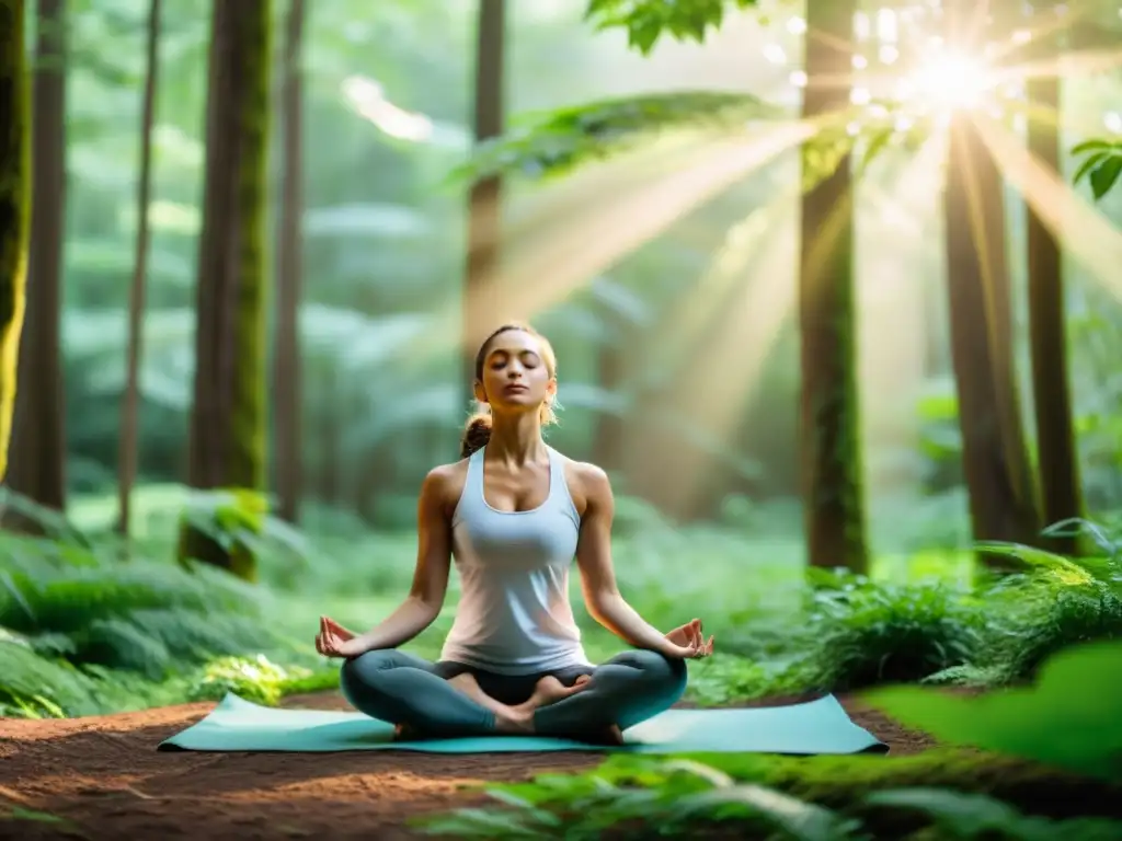 Una persona practicando yoga en un frondoso bosque, rodeada de árboles altos y la suave luz del sol filtrándose entre las hojas