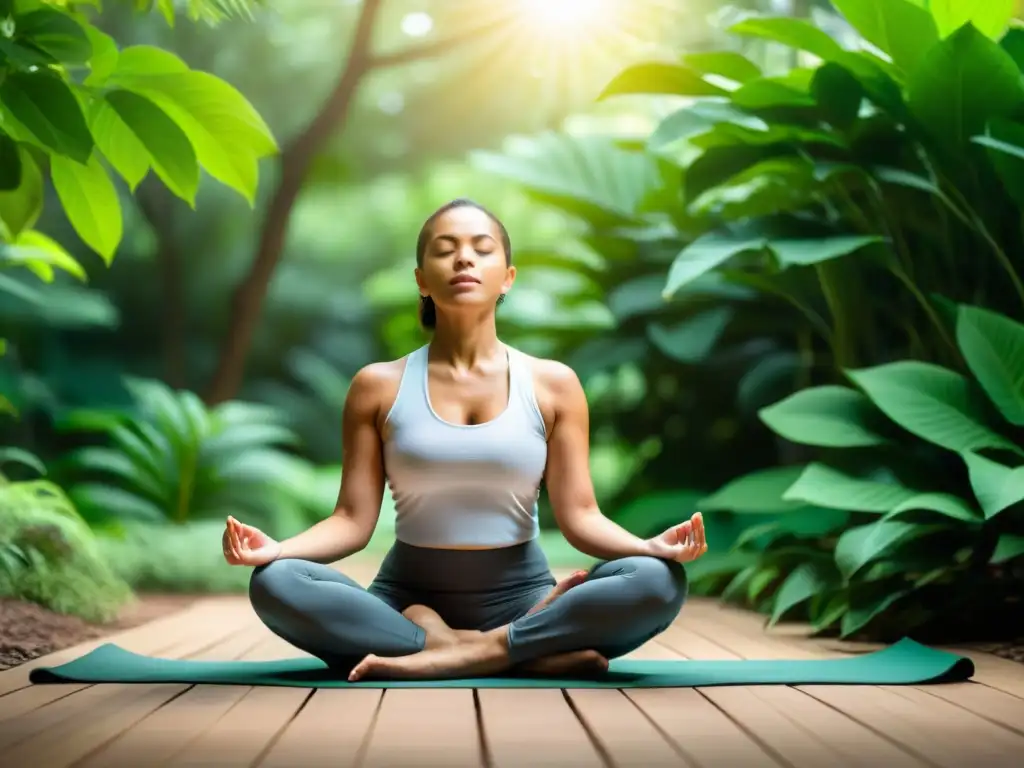 Persona practicando yoga en la naturaleza, aplicando técnicas de respiración para rejuvenecer