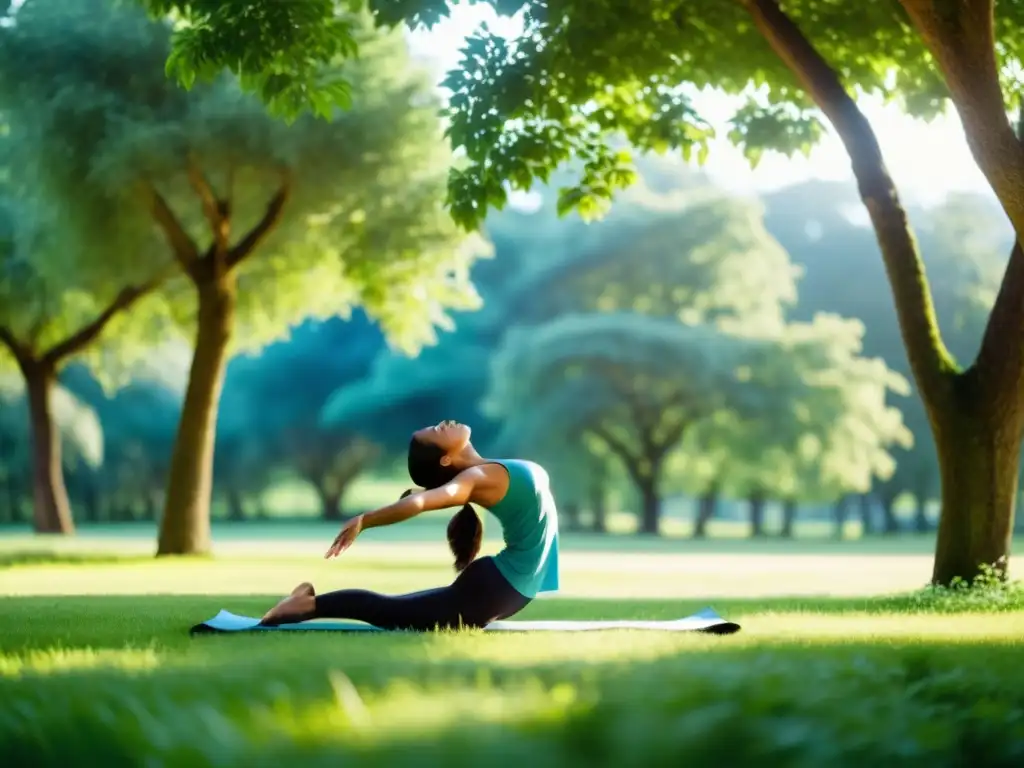 Una persona haciendo yoga en un parque verde y soleado, promoviendo la prevención de la bronquitis crónica