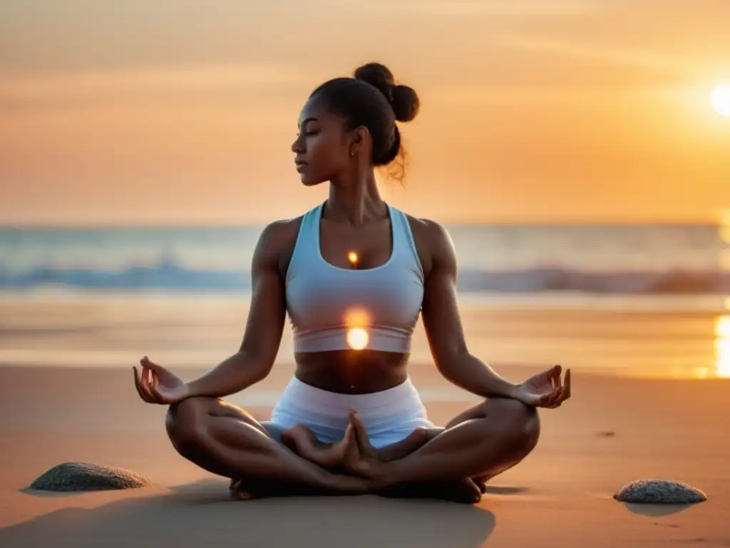 Persona practicando yoga en la playa al atardecer, enfocando en la respiración costal